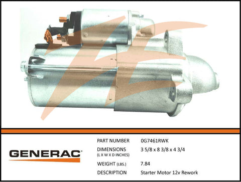 Generac 0G7461RWK / 0G7461/0E6729/0E9747 Starter Motor 12V RWK