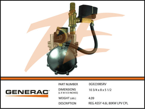 Generac 0G9239BSRV Fuel Regulator Assembly 4.6L 80kW LP