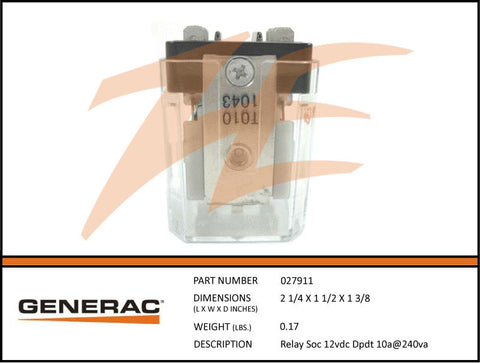 Generac 027911/G027911 Relay 12VDC DPDT 10A 240V