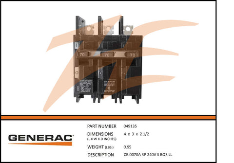 Generac G049135 Circuit Breaker 70A 3 Pole 240V