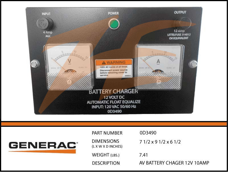Generac 0D3490 Battery Charger 12V 10 Amp