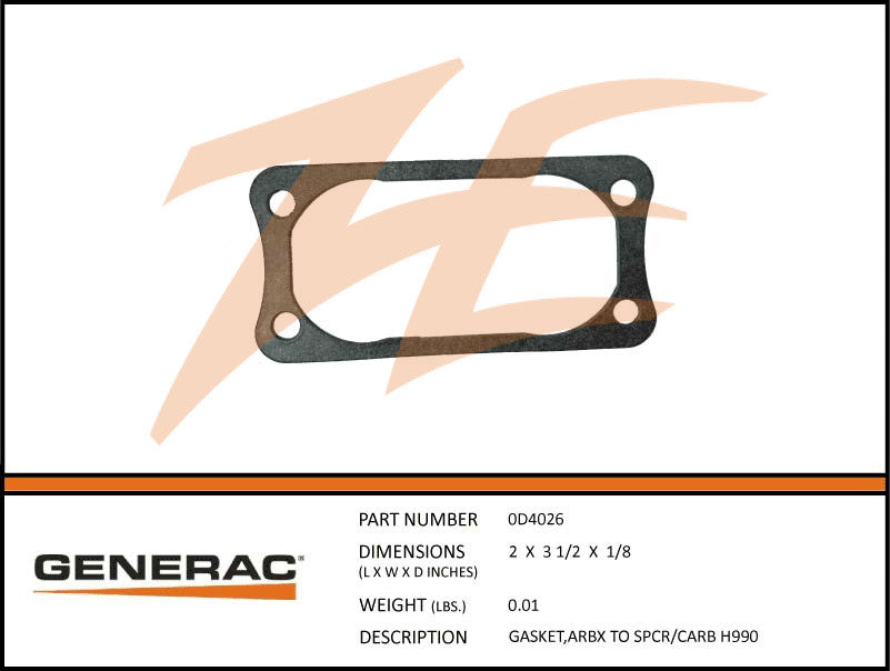 Generac 0D4026 Airbox To Spacer/Carb Gasket GT 990