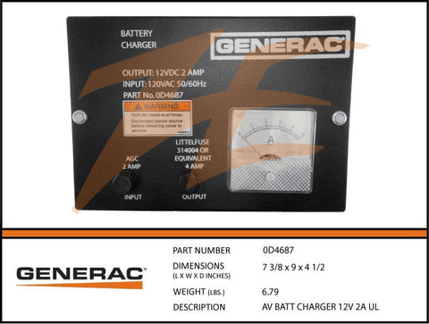 Generac 0D4687 Battery Charger 12V 2A