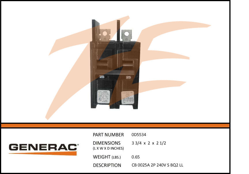 Generac 0D5534 2 Pole 240V 25A Circuit Breaker