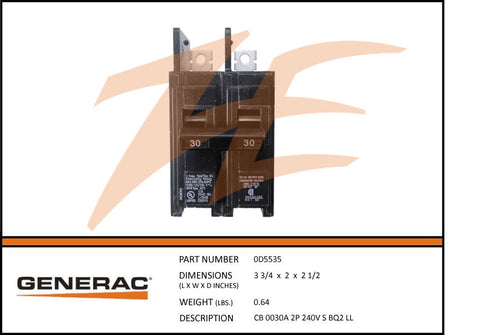 Generac 0D5535 2 Pole 240V 30A Circuit Breaker