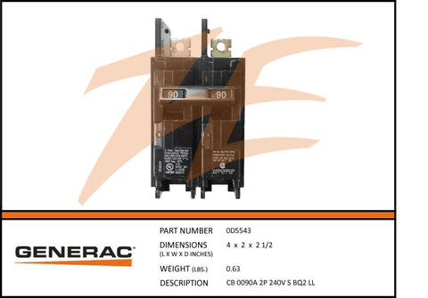 Generac 0D5543 2 Pole 240V 90A Circuit Breaker