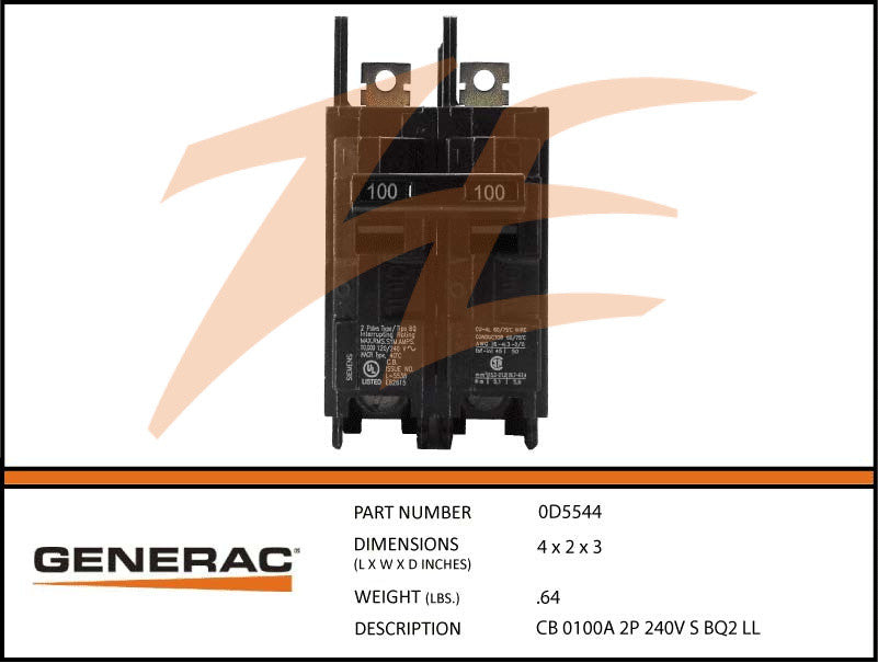 Generac 0D5544 2 Pole 240V 100A Circuit Breaker