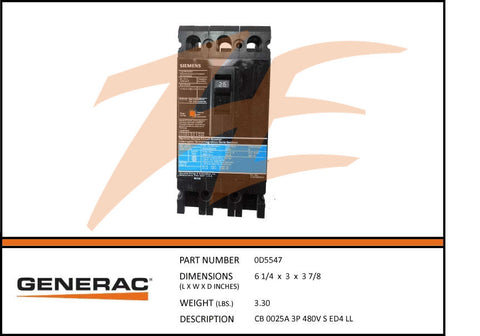 Generac 0D5547 25A 480V Circuit Breaker 3 Phase