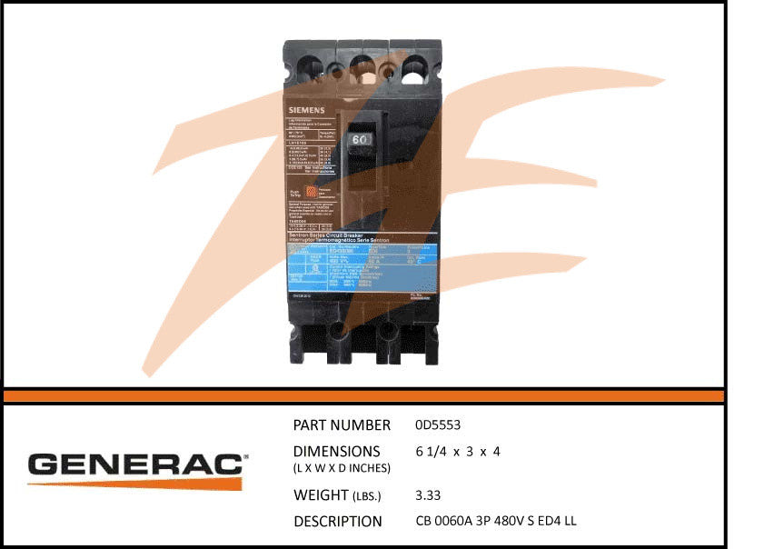 Generac 0D5553 60A 480V Circuit Breaker 3 Phase DROP SHIP ONLY