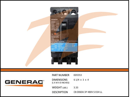 Generac 0D5553 60A 480V Circuit Breaker 3 Phase DROP SHIP ONLY