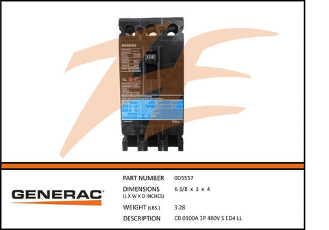 Generac 0D5557 100A 480V Circuit Breaker 3 Phase