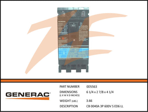 Generac 0D5563 40A 600V Circuit Breaker 3 Phase