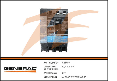 Generac 0D5565B 50A 600V Circuit Breaker 3 Phase