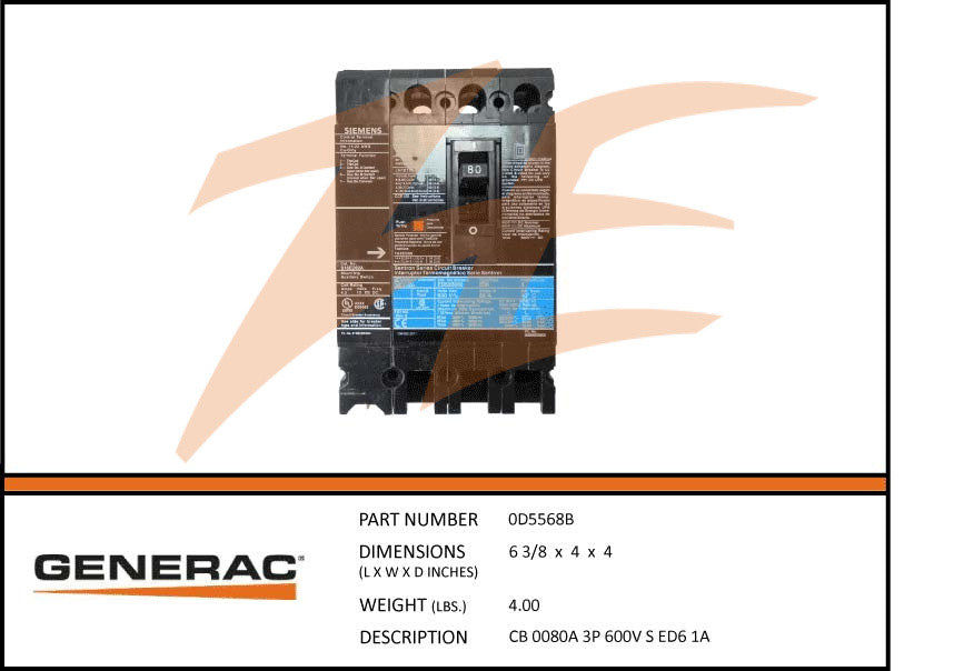 Generac 0D5568B 80A 600V Circuit Breaker 3 Phase