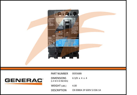 Generac 0D5568B 80A 600V Circuit Breaker 3 Phase