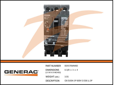Generac 0D5570MM00 100A 600V Circuit Breaker 3 Phase