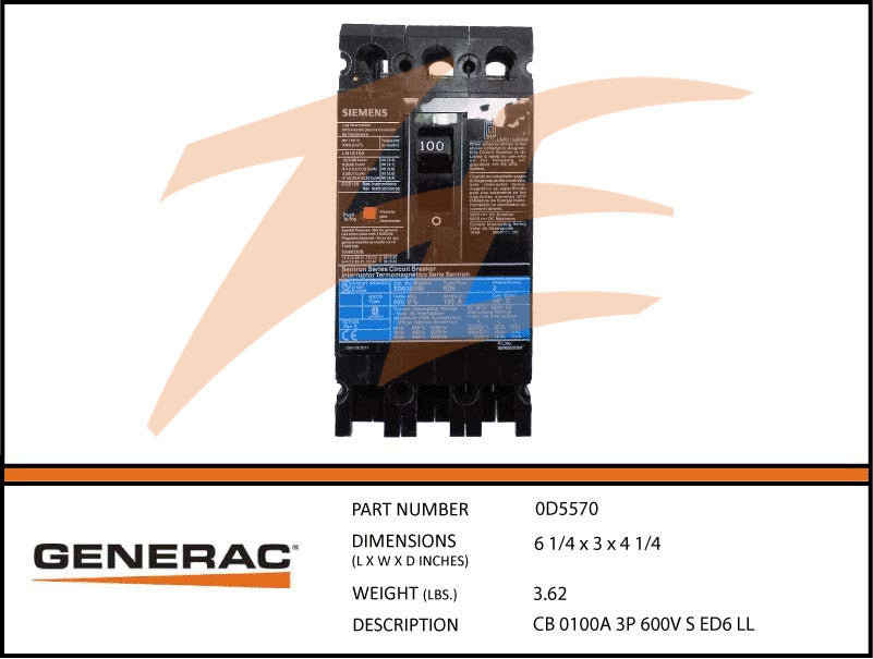 Generac 0D5570 100A 600V Circuit Breaker 3 Phase