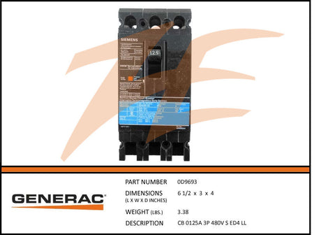 Generac 0D9693 Circuit Breaker 125A 480V 3 Phase DROP SHIP ONLY