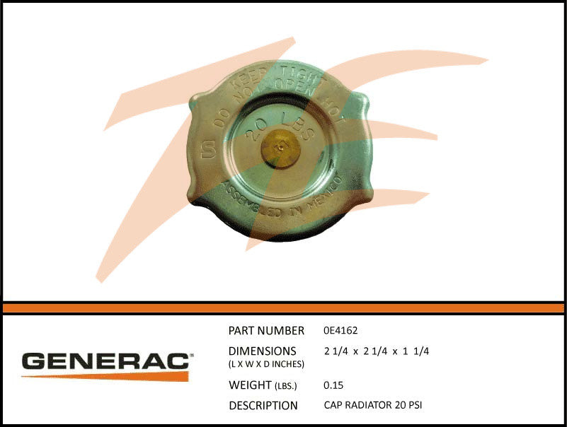 Generac 0E4162 Radiator Cap 20 PSI