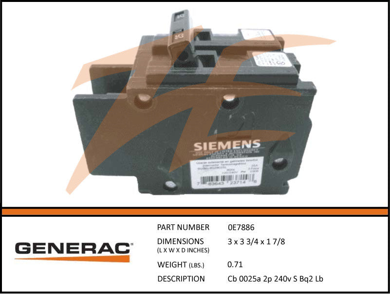 Generac 0E7886 Circuit Breaker 25A 2 Pole 240V – Ziller Electric