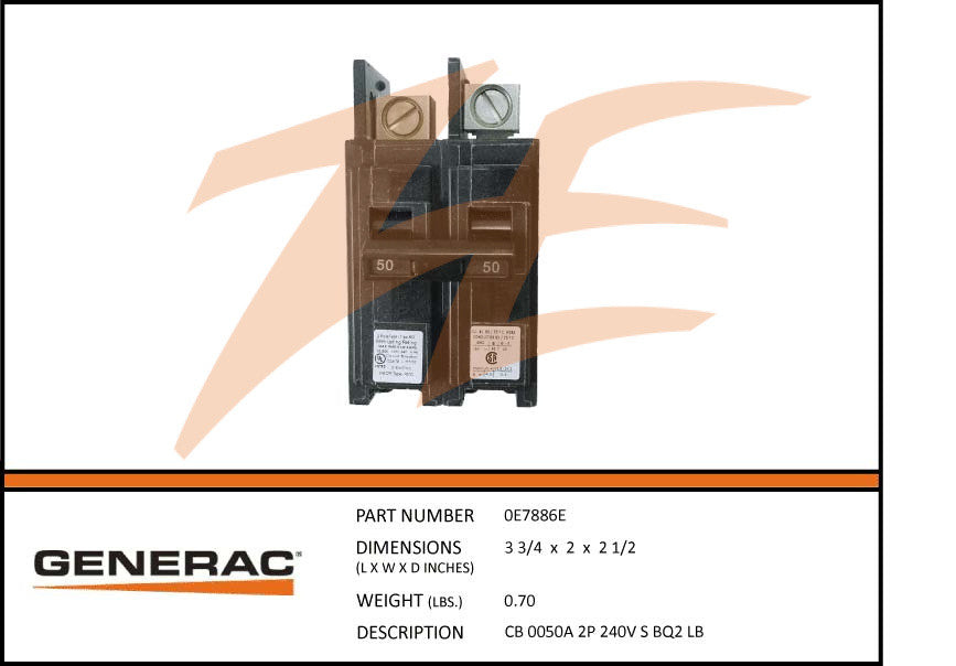 Generac 0E7886E Circuit Breaker 50A 2 Pole 240V