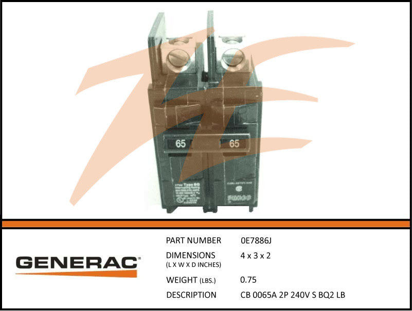 Generac 0E7886J Circuit Breaker 65A 2 Pole 240V