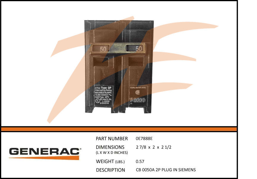 Generac 0E7888E Circuit Breaker 50A 2 Pole 240V Plug In