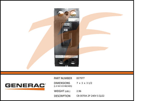 Generac 0E7977 Circuit Breaker 70A 2 Pole 240V