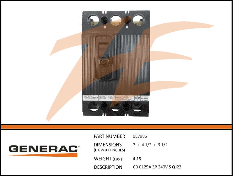 Generac 0E7986 Circuit Breaker 125A 3 Pole 240V