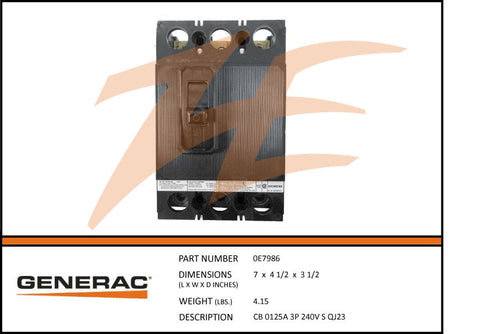 Generac 0E7986 Circuit Breaker 125A 3 Pole 240V