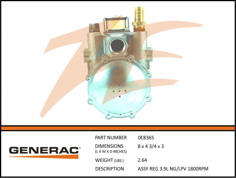 Generac 0E8365 Fuel Regulator Assembly 3.9L NG/LP 1800 RPM