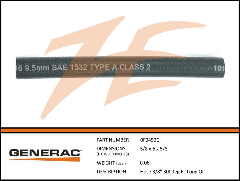 Generac 0F0452C 3/8" Hose 300 Deg 6" Long Oil Cooler Line