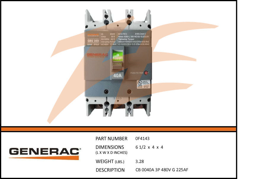 Generac 0F4143 Circuit Breaker 40A 3 Pole 480V