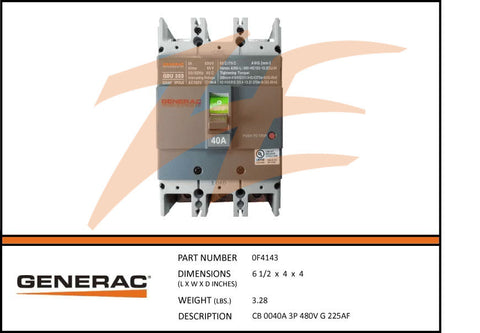 Generac 0F4143 Circuit Breaker 40A 3 Pole 480V