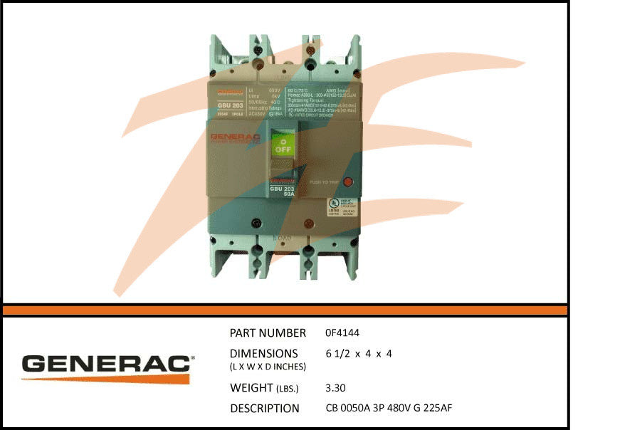 Generac 0F4144 Circuit Breaker 50A 3 Pole 480V
