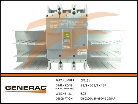 Generac 0F4151 Circuit Breaker 200A 3 Pole 480V