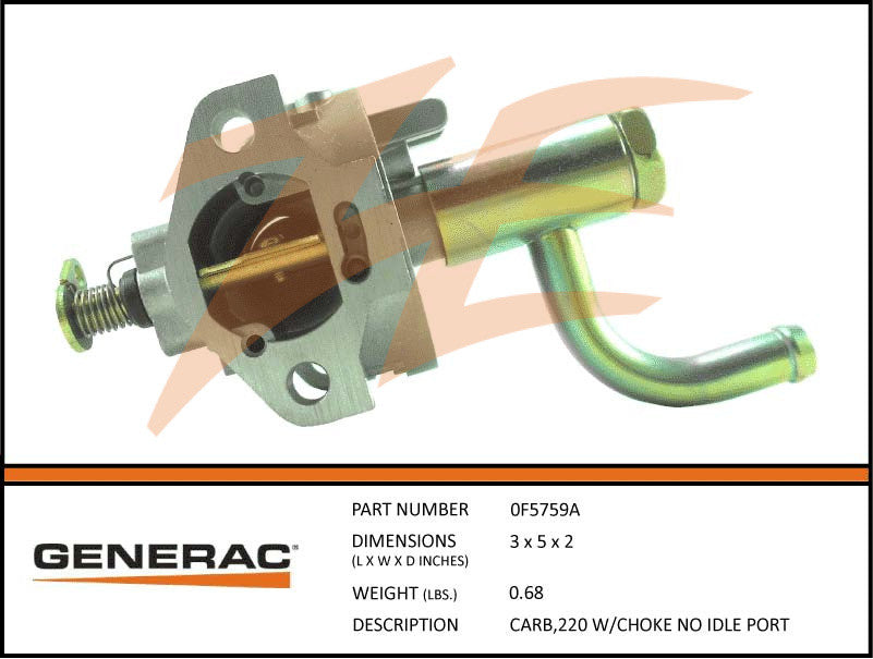 Generac 0F5759A 220cc Carburetor W/Choke No Idle Port DROP SHIP ONLY