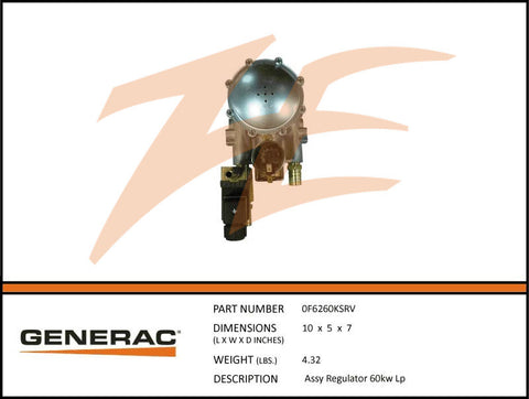 Generac 0F6260KSRV Fuel Regulator Assembly 60kW LP