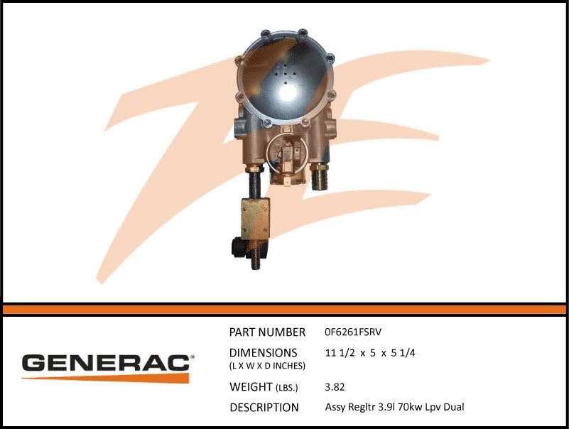 Generac 0F6261FSRV Fuel Regulator Assembly 3.9L 70kW LP Dual