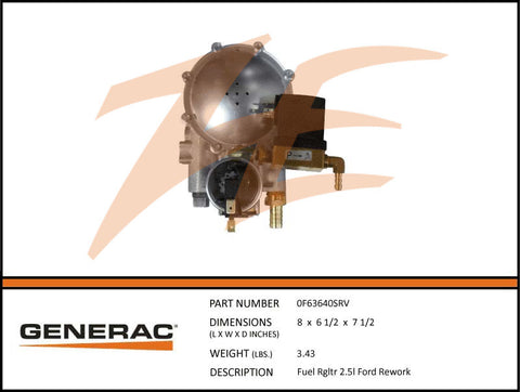 Generac 0F63640SRV Fuel Regulator Assembly 2.5L Ford Rework