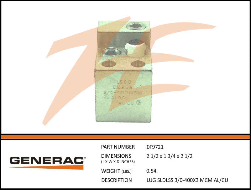 Generac 0F9721 Solderless Lug 3/0 - 400 MCM X3 AL/CU DROP SHIP ONLY