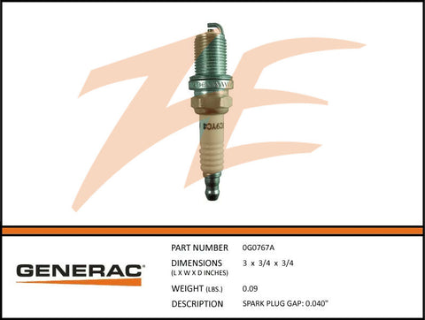 Generac 0G0767A Spark Plug (Gap .040")