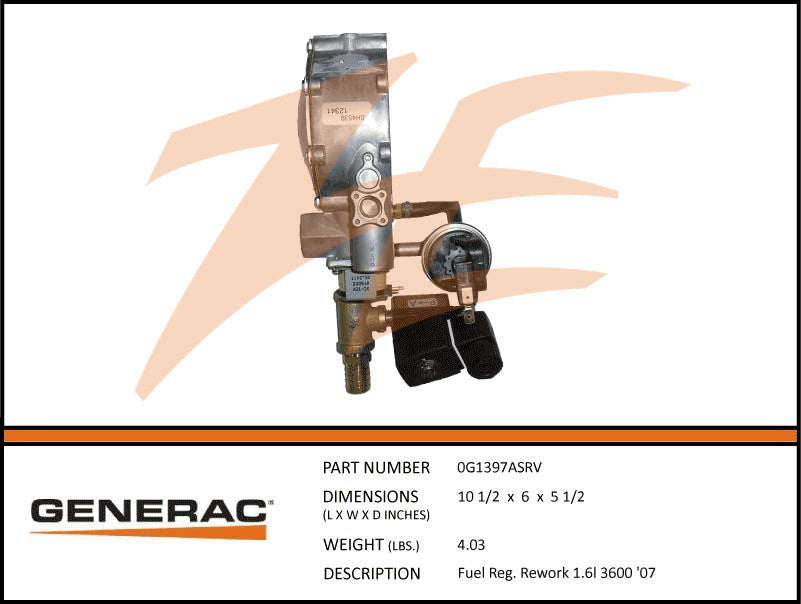 Generac 0G1397ASRV Fuel Regulator RK 1.6L 3600 '07
