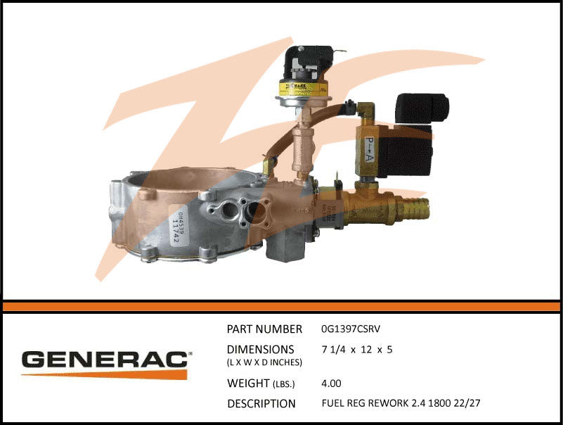 Generac 0G1397CSRV Fuel Regulator Assembly 2.4L 22kW/27kW 1800 RPM