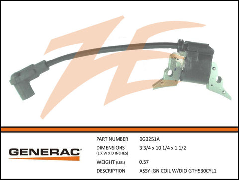 Generac 0G3251A Ignition Coil Assembly w/Diode GT530 Cyl1