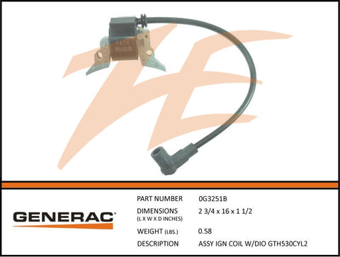 Generac 0G3251B Ignition Coil Assembly w/Diode GT530 Cyl2