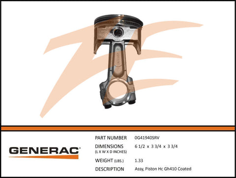 Generac 0G41940SRV Piston Assembly GH410 Coated