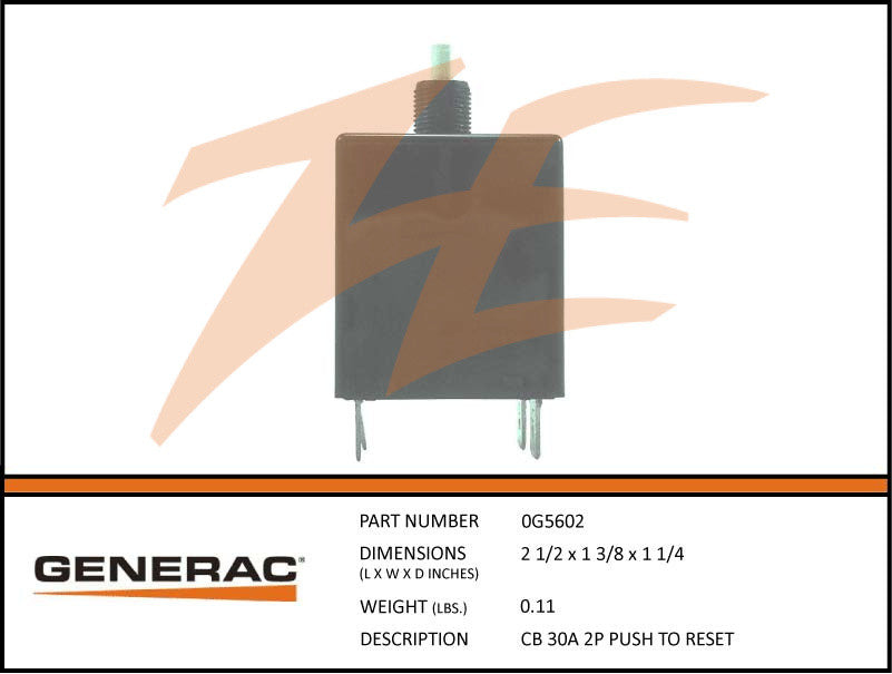Generac 0G5602 Circuit Breaker 30A 2 Pole Push To Reset