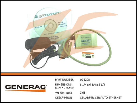 Generac 0G6205 Adapter Cable Serial To Ethernet