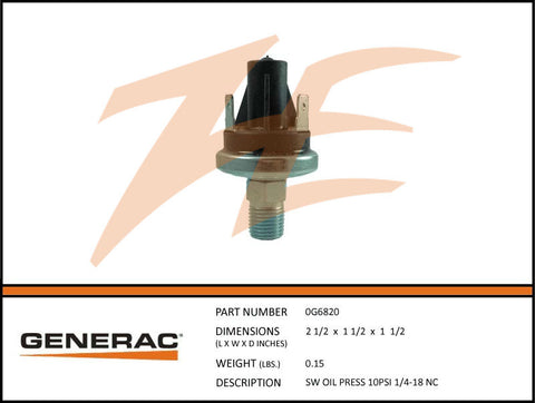Generac 0G6820 Oil Pressure Switch 10 PSI 1/4-18 N.C.